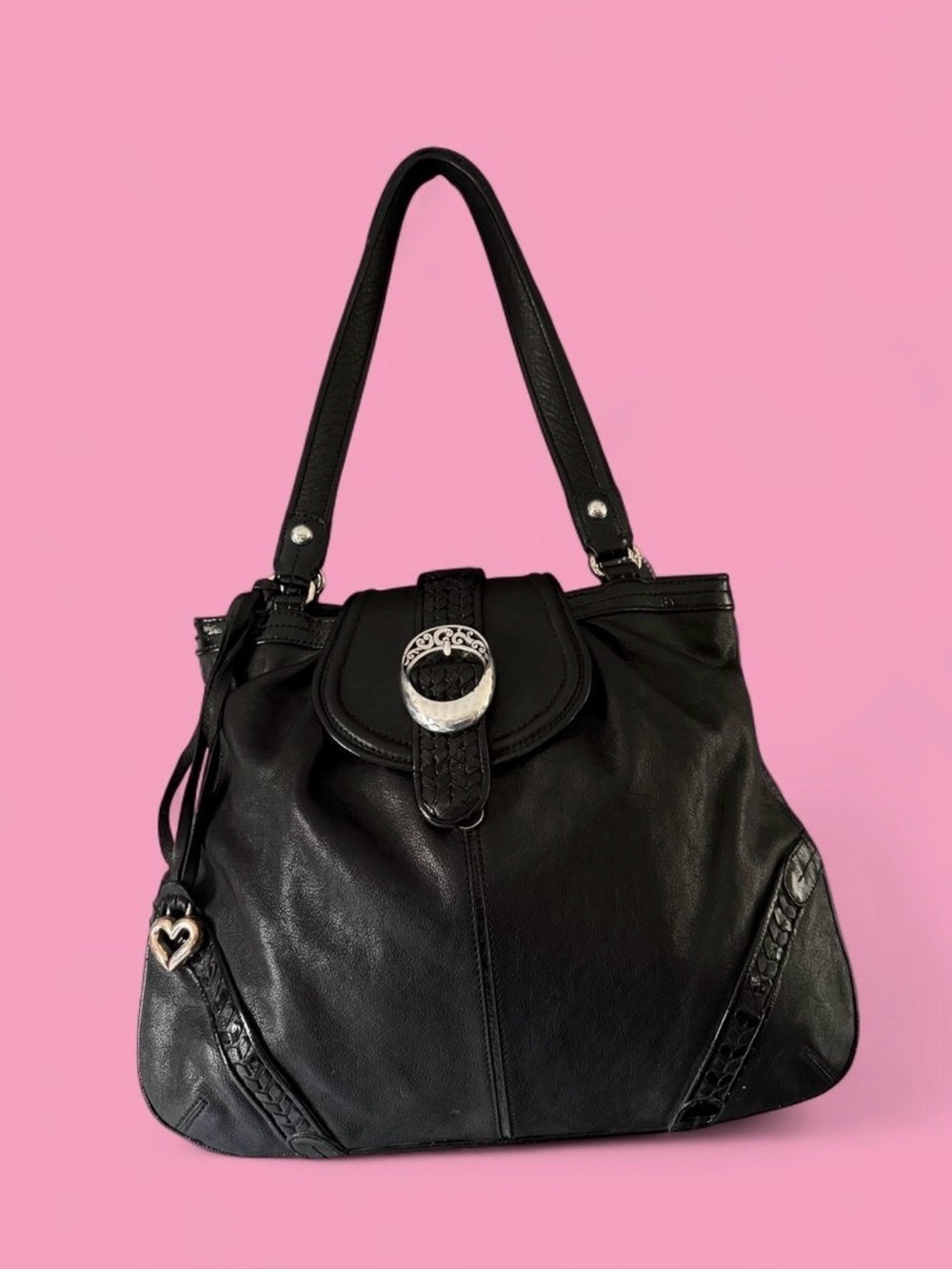 Vintage Y2K Brighton Black Leather Shoulder Bag with silver buckle